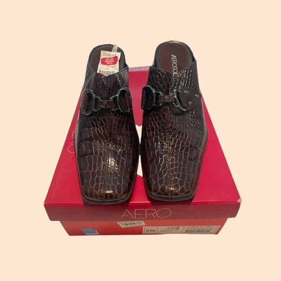 AEROSOLES Cinch Worm Brown Crocs  Square Toe Mule 8 - Picture 1 of 6